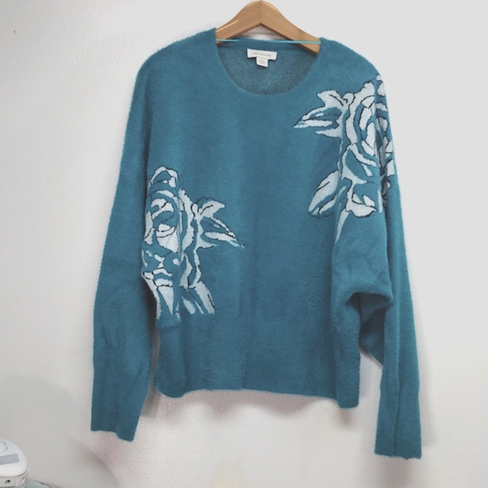 Calligraphie Warm and Soft Fuzzy Drop Dolman Sleeve Sweater Turquoise Blue flora